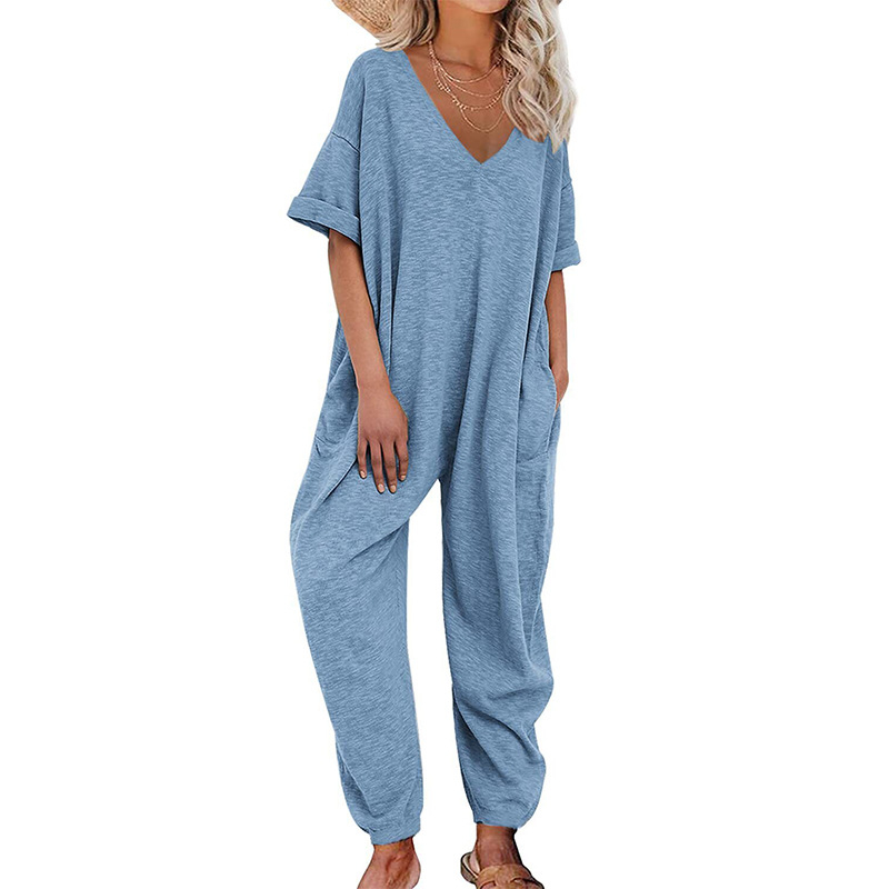 Γυναικεία ολόσωμη φόρμα με V-λαιμό, κοντές μανίκες, χαλαρή γραμμή, μίγμα βαμβάκι-ελαστάν, cargo παντελόνια με τσέπες