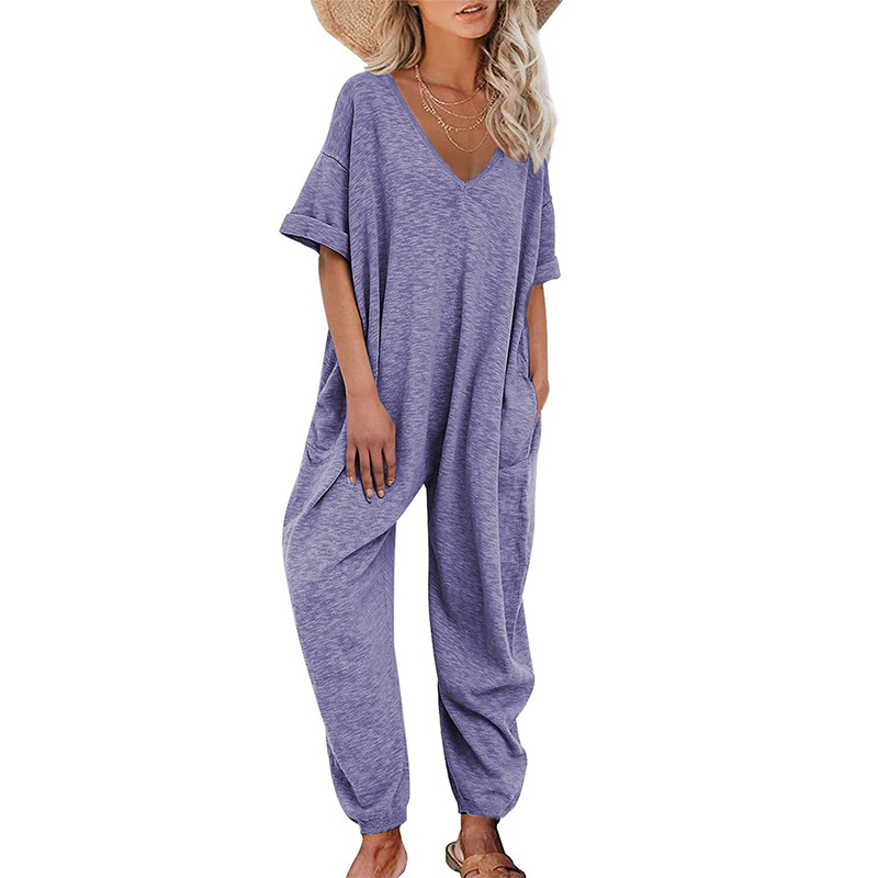 Γυναικεία ολόσωμη φόρμα με V-λαιμό, κοντές μανίκες, χαλαρή γραμμή, μίγμα βαμβάκι-ελαστάν, cargo παντελόνια με τσέπες