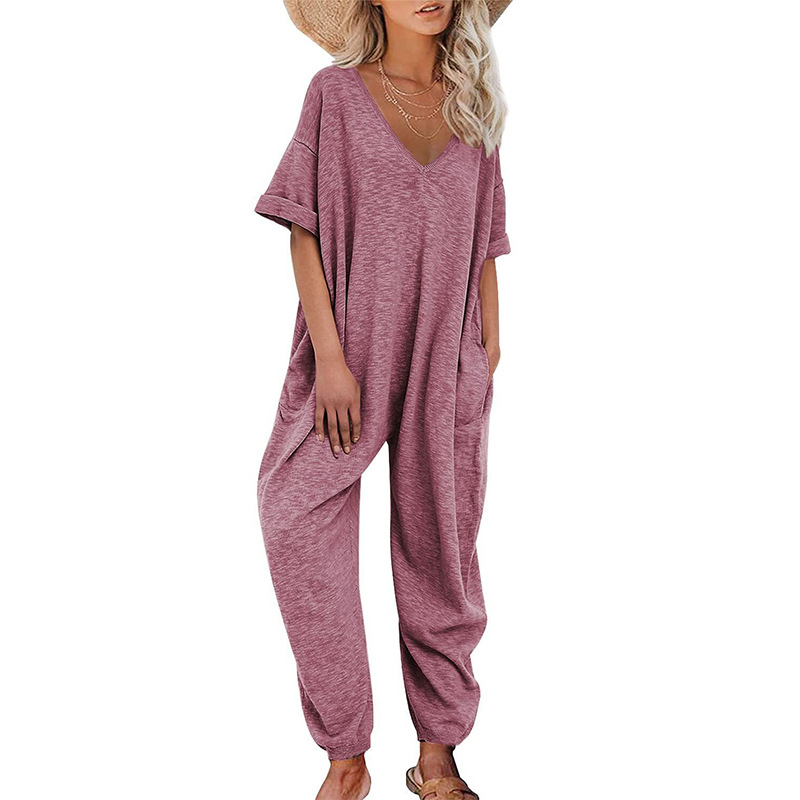 Γυναικεία ολόσωμη φόρμα με V-λαιμό, κοντές μανίκες, χαλαρή γραμμή, μίγμα βαμβάκι-ελαστάν, cargo παντελόνια με τσέπες