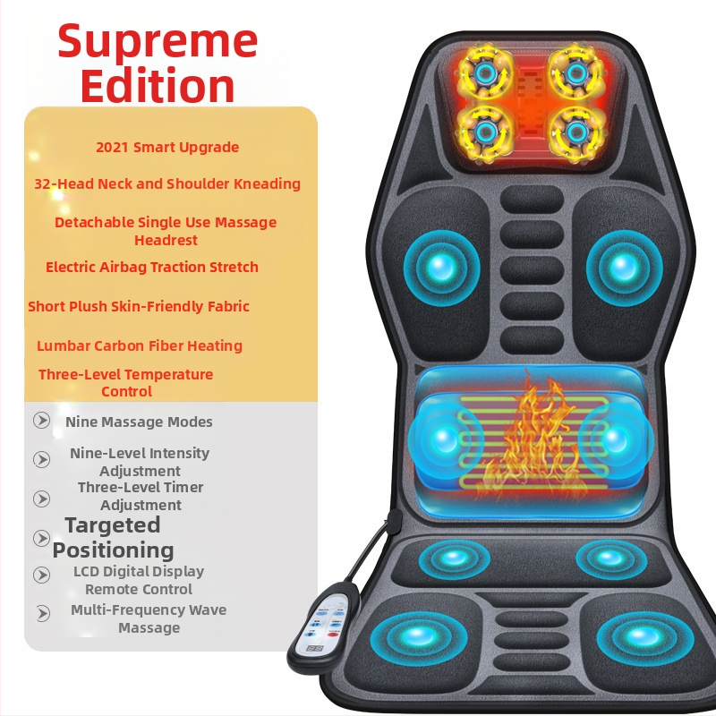 Automobilio ir namų kaklo ir nugaros masažo kilimėlis – minkymas, šildymas ir vibracija, 6+ masažo galvutės, 3 lygio režimas, laidinis rankinis valdymas