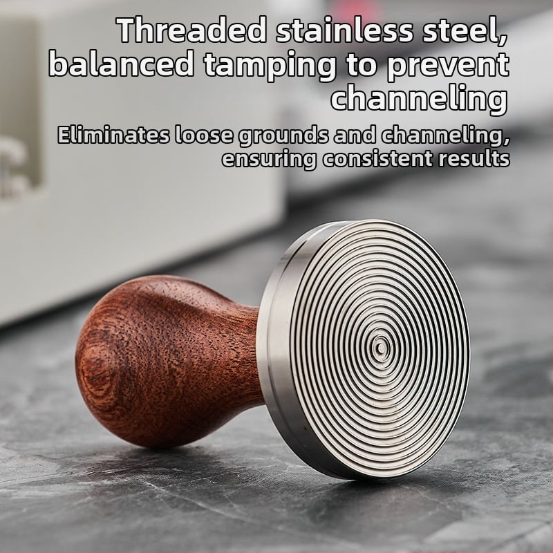 Kavos tamperis iš nerūdijančio plieno su plokščiu dugnu ir srieginiu užpildymu, 300 g, modernus minimalistinis stilius, dėžutės pakuotė