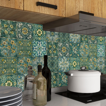 Αυτοκόλλητα τοίχου πλακίδια σε ευρωπαϊκό στυλ – σετ 10 τεμαχίων, PVC, αδιάβροχα και ανθεκτικά στο λίπος, με κρύσταλλα διακόσμησης