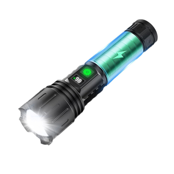 Εξωτερικός LED φακός με χειροκίνητη φόρτιση, αλουμινένιο σώμα, χωρητικότητα μπαταρίας 2000–5000 mAh, εμβέλεια 200–500 μ, ισχύς 10000