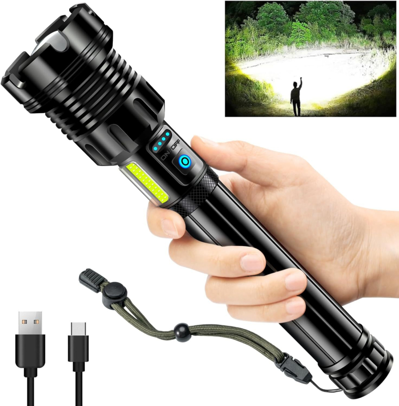 Külső LED fejlámpa kézi dinamóval történő töltéssel, alumínium ötvözet test, akkumulátor-kapacitás 2000–5000 mAh, hatótáv 200–500 m, teljesítmény 10000