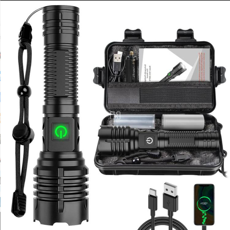 Külső LED fejlámpa kézi dinamóval történő töltéssel, alumínium ötvözet test, akkumulátor-kapacitás 2000–5000 mAh, hatótáv 200–500 m, teljesítmény 10000