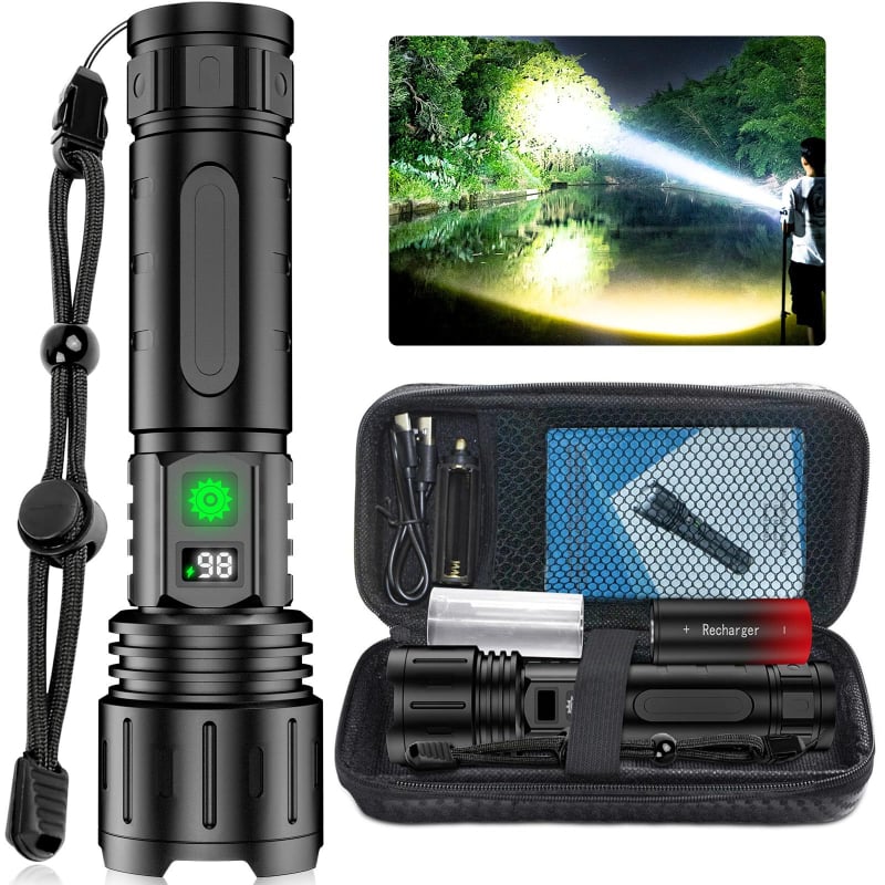 Ārējā LED laterna ar rokas dinamiku, alumīnija sakausējuma korpuss, akumulatora ietilpība 2000–5000 mAh, darbības diapazons 200–500 m, jauda 10000