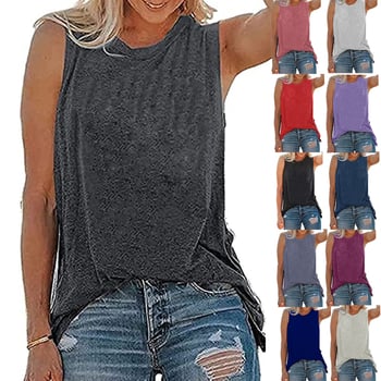 Ženski T-shirt bez rukava od pamuka i spandexa, s printom, okrugli izrez, opušten kroj.