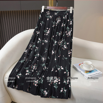 Ice Silk A-line midi φούστα, φλοράλ σχέδιο, 70–80% βισκόζη, μακριά, ήπια ελαστικότητα, Καλοκαίρι 2025