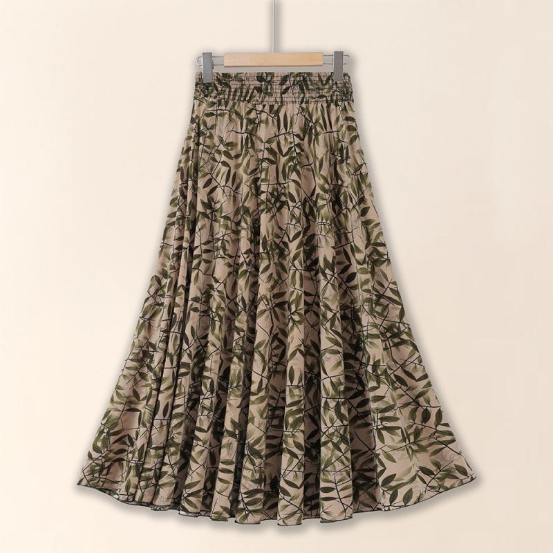 A-vonalú midi szoknya, hosszú, virágos mintázat, Ice Silk, 70–80% viszkóz, enyhe nyújthatóság, 2025 nyár