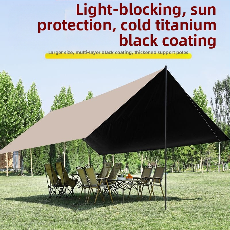 Vinila pavado telts ar galdu un krēsliem – kempinga komplekts no sešiem gabaliem, aizsardzība pret sauli, vēju un lietu, liels nojumes jumts; četros gadalaikos, svars 2900 g, stāvu materiāls: biezināts un pastiprināts dzelzs stabs, ārējais telts materiāls: