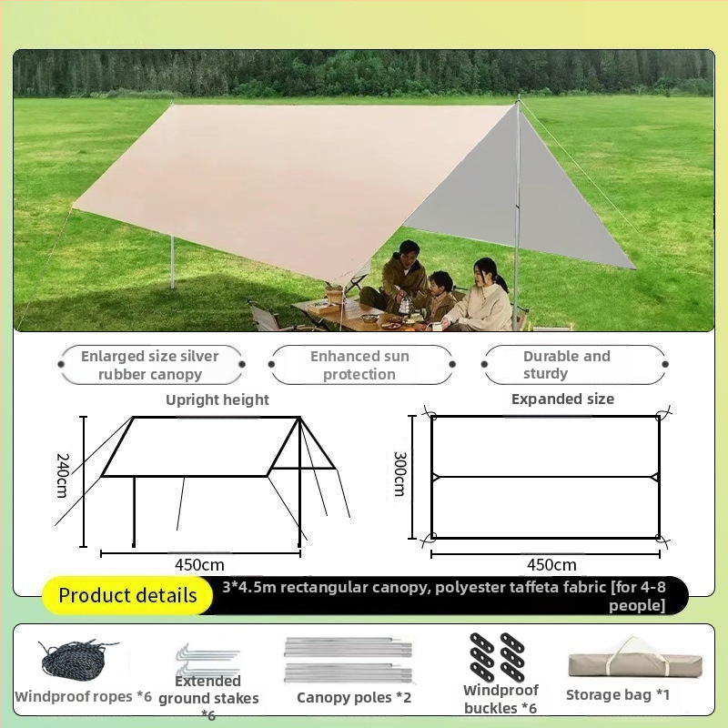 Vinilinė pavėsinė palapinė su stalu ir kėdėmis – kemptingo komplektas iš šešių dalių, apsauga nuo saulės, vėjo ir lietaus, didelis skėtis; keturi metų laikai, svoris 2900 g, stiebo medžiaga: sustiprintas geležies strypas, išorinė palapinė: titano juoda dan