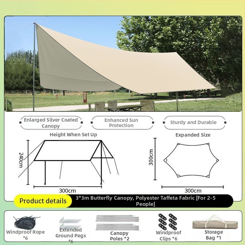 Vinilinė pavėsinė palapinė su stalu ir kėdėmis – kemptingo komplektas iš šešių dalių, apsauga nuo saulės, vėjo ir lietaus, didelis skėtis; keturi metų laikai, svoris 2900 g, stiebo medžiaga: sustiprintas geležies strypas, išorinė palapinė: titano juoda dan