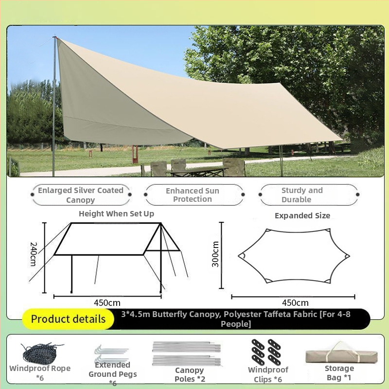 Vinilinė pavėsinė palapinė su stalu ir kėdėmis – kemptingo komplektas iš šešių dalių, apsauga nuo saulės, vėjo ir lietaus, didelis skėtis; keturi metų laikai, svoris 2900 g, stiebo medžiaga: sustiprintas geležies strypas, išorinė palapinė: titano juoda dan