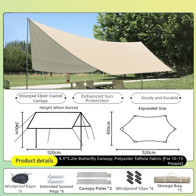 Vinilinė pavėsinė palapinė su stalu ir kėdėmis – kemptingo komplektas iš šešių dalių, apsauga nuo saulės, vėjo ir lietaus, didelis skėtis; keturi metų laikai, svoris 2900 g, stiebo medžiaga: sustiprintas geležies strypas, išorinė palapinė: titano juoda dan