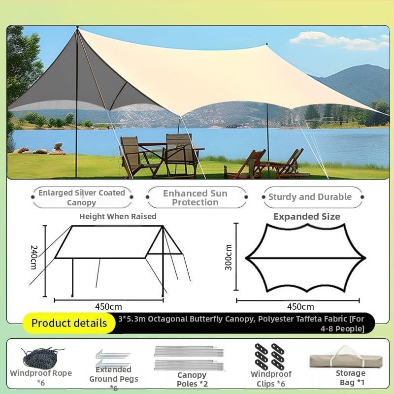 Vinilinė pavėsinė palapinė su stalu ir kėdėmis – kemptingo komplektas iš šešių dalių, apsauga nuo saulės, vėjo ir lietaus, didelis skėtis; keturi metų laikai, svoris 2900 g, stiebo medžiaga: sustiprintas geležies strypas, išorinė palapinė: titano juoda dan