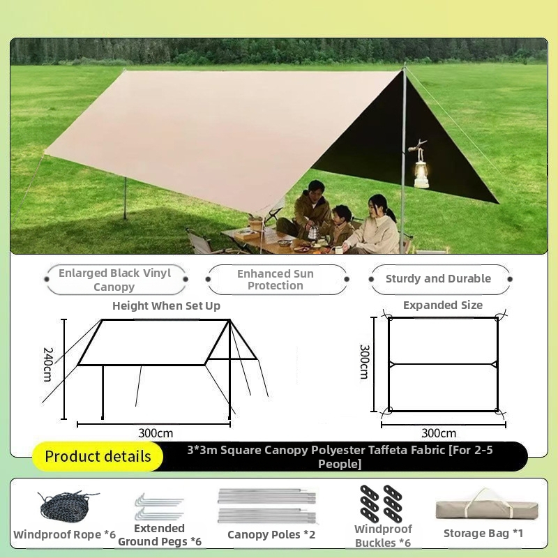 Vinilinė pavėsinė palapinė su stalu ir kėdėmis – kemptingo komplektas iš šešių dalių, apsauga nuo saulės, vėjo ir lietaus, didelis skėtis; keturi metų laikai, svoris 2900 g, stiebo medžiaga: sustiprintas geležies strypas, išorinė palapinė: titano juoda dan