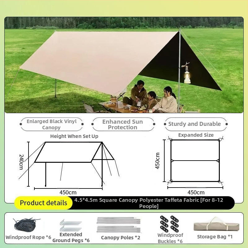 Vinilinė pavėsinė palapinė su stalu ir kėdėmis – kemptingo komplektas iš šešių dalių, apsauga nuo saulės, vėjo ir lietaus, didelis skėtis; keturi metų laikai, svoris 2900 g, stiebo medžiaga: sustiprintas geležies strypas, išorinė palapinė: titano juoda dan