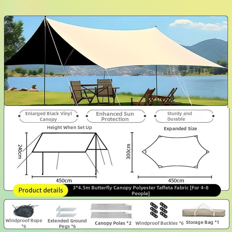 Vinilinė pavėsinė palapinė su stalu ir kėdėmis – kemptingo komplektas iš šešių dalių, apsauga nuo saulės, vėjo ir lietaus, didelis skėtis; keturi metų laikai, svoris 2900 g, stiebo medžiaga: sustiprintas geležies strypas, išorinė palapinė: titano juoda dan