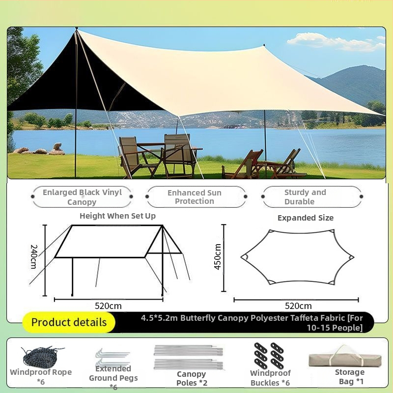 Vinilinė pavėsinė palapinė su stalu ir kėdėmis – kemptingo komplektas iš šešių dalių, apsauga nuo saulės, vėjo ir lietaus, didelis skėtis; keturi metų laikai, svoris 2900 g, stiebo medžiaga: sustiprintas geležies strypas, išorinė palapinė: titano juoda dan