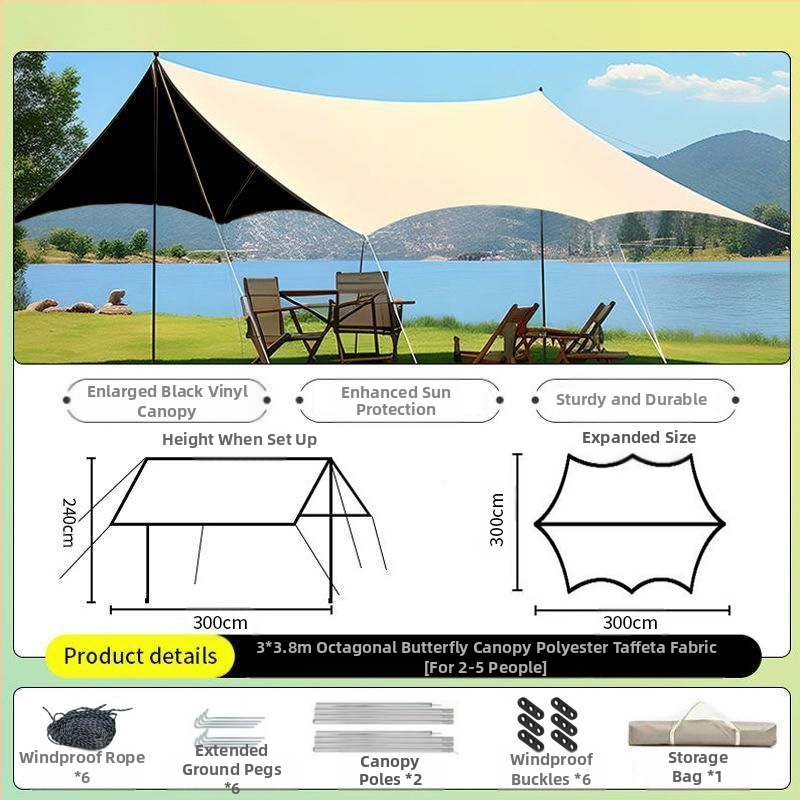 Vinilinė pavėsinė palapinė su stalu ir kėdėmis – kemptingo komplektas iš šešių dalių, apsauga nuo saulės, vėjo ir lietaus, didelis skėtis; keturi metų laikai, svoris 2900 g, stiebo medžiaga: sustiprintas geležies strypas, išorinė palapinė: titano juoda dan