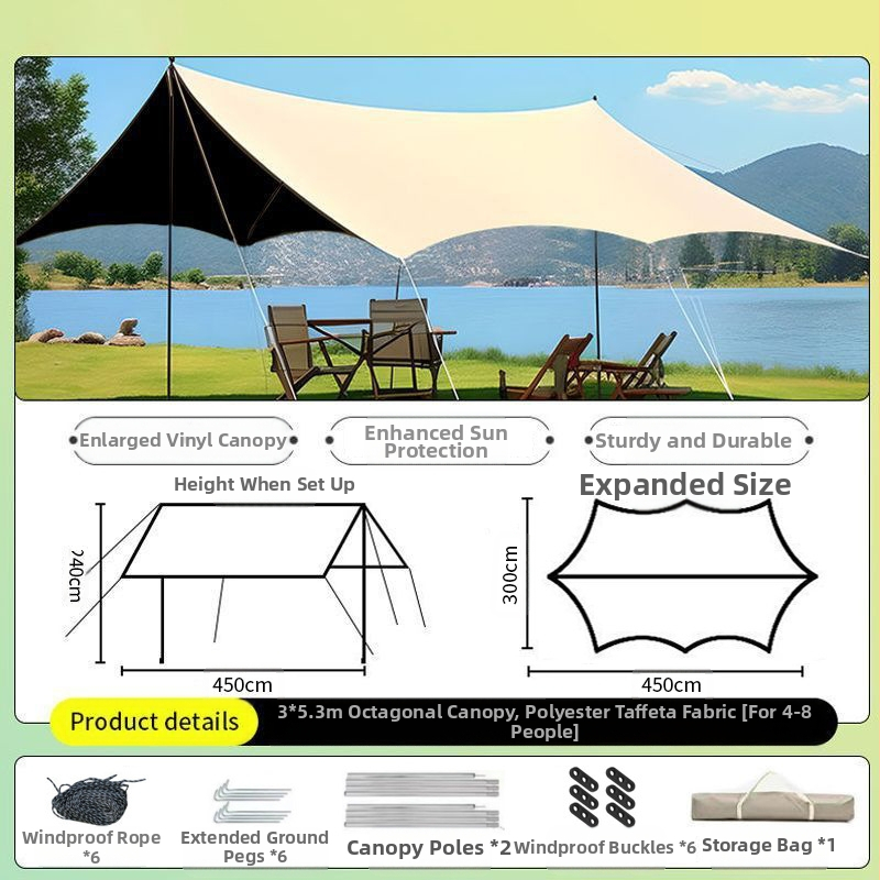 Vinilinė pavėsinė palapinė su stalu ir kėdėmis – kemptingo komplektas iš šešių dalių, apsauga nuo saulės, vėjo ir lietaus, didelis skėtis; keturi metų laikai, svoris 2900 g, stiebo medžiaga: sustiprintas geležies strypas, išorinė palapinė: titano juoda dan