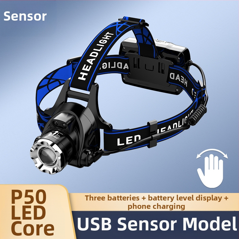 LED galvos žibintas su teleskopiniu zoomu – modelis V9, įkraunamas, indukcinis jungiklis, atsparus vandeniui