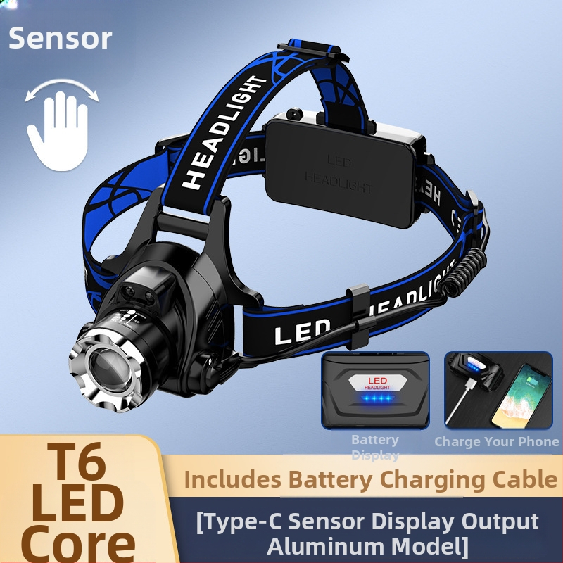 LED galvos žibintas su teleskopiniu zoomu – modelis V9, įkraunamas, indukcinis jungiklis, atsparus vandeniui