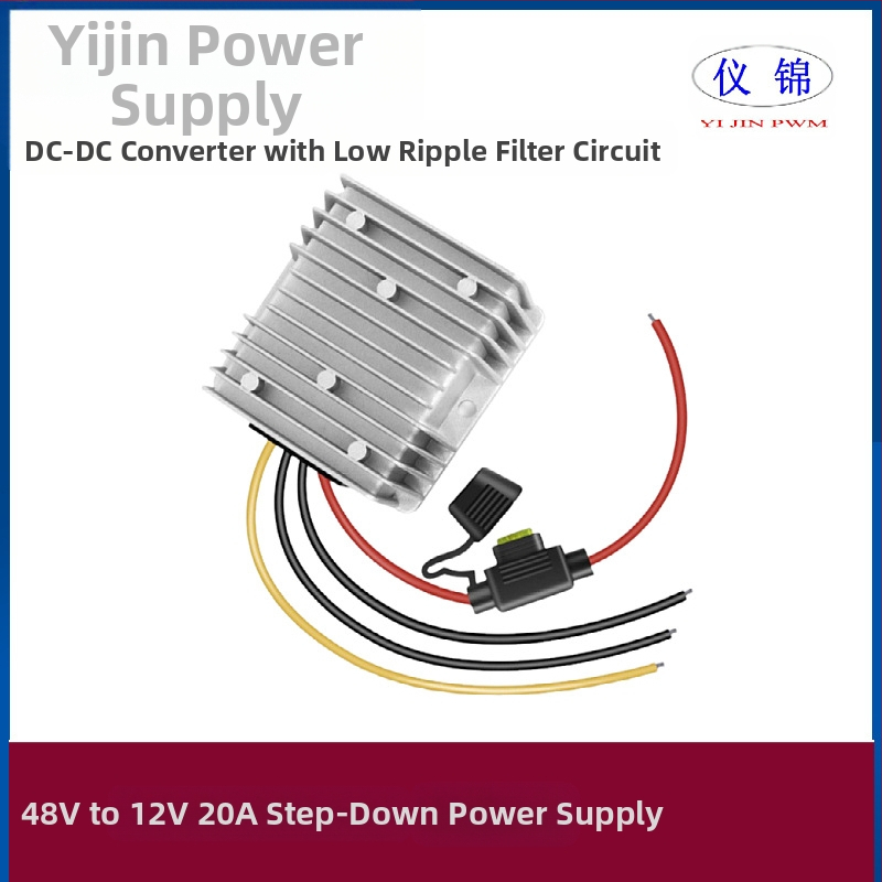 Automobilinis DC-DC keitiklis 48V į 12V, 10–30A, IP67 atsparus vandeniui, įvestis 18–75V, išvestis 12V DC, su perjungiamu maitinimo šaltiniu