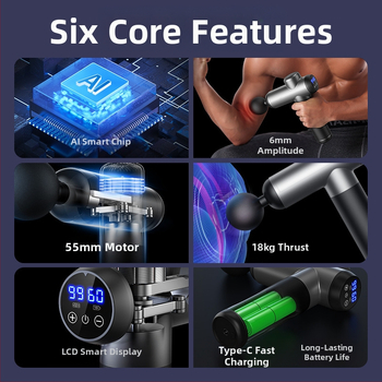 Fasijos masažinis įrenginys su šepetiniu varikliu, 6+ galvų, įmontuota baterija, veikimo laikas 6–8 val., triukšmas 36–45 dB