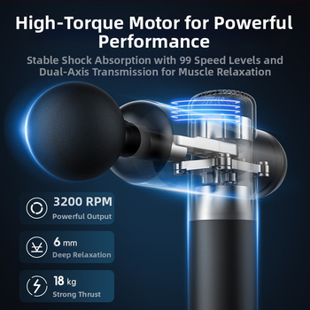Fasijos masažinis įrenginys su šepetiniu varikliu, 6+ galvų, įmontuota baterija, veikimo laikas 6–8 val., triukšmas 36–45 dB