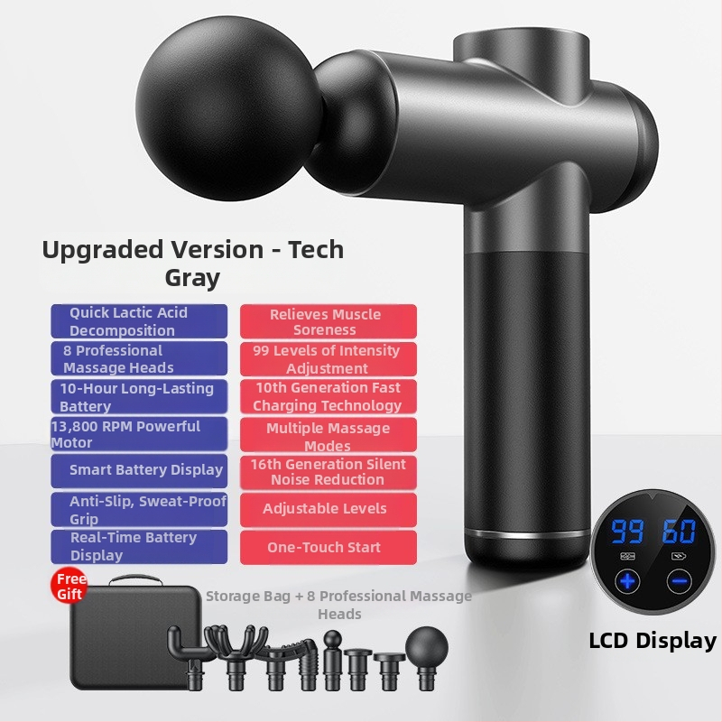 Fasijos masažinis įrenginys su šepetiniu varikliu, 6+ galvų, įmontuota baterija, veikimo laikas 6–8 val., triukšmas 36–45 dB