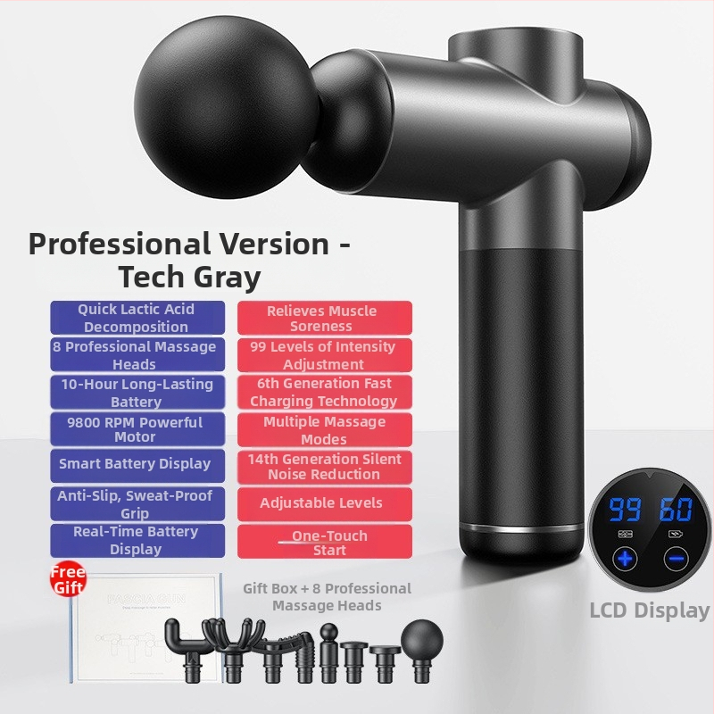 Fasijos masažinis įrenginys su šepetiniu varikliu, 6+ galvų, įmontuota baterija, veikimo laikas 6–8 val., triukšmas 36–45 dB