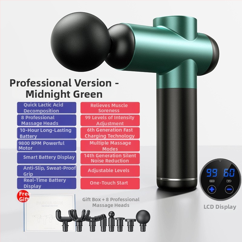 Fasijos masažinis įrenginys su šepetiniu varikliu, 6+ galvų, įmontuota baterija, veikimo laikas 6–8 val., triukšmas 36–45 dB