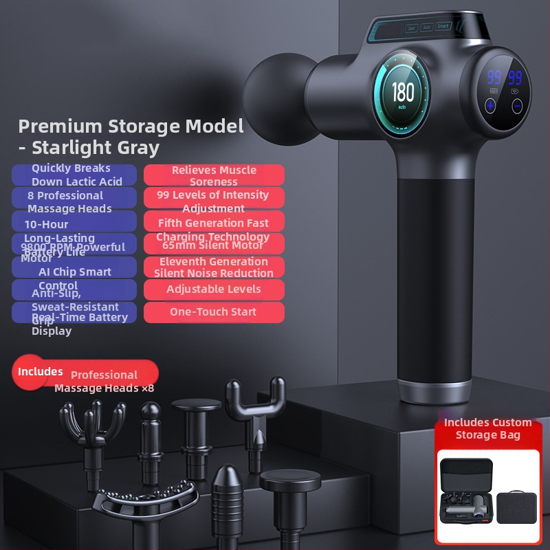 Fasijos masažinis įrenginys su šepetiniu varikliu, 6+ galvų, įmontuota baterija, veikimo laikas 6–8 val., triukšmas 36–45 dB