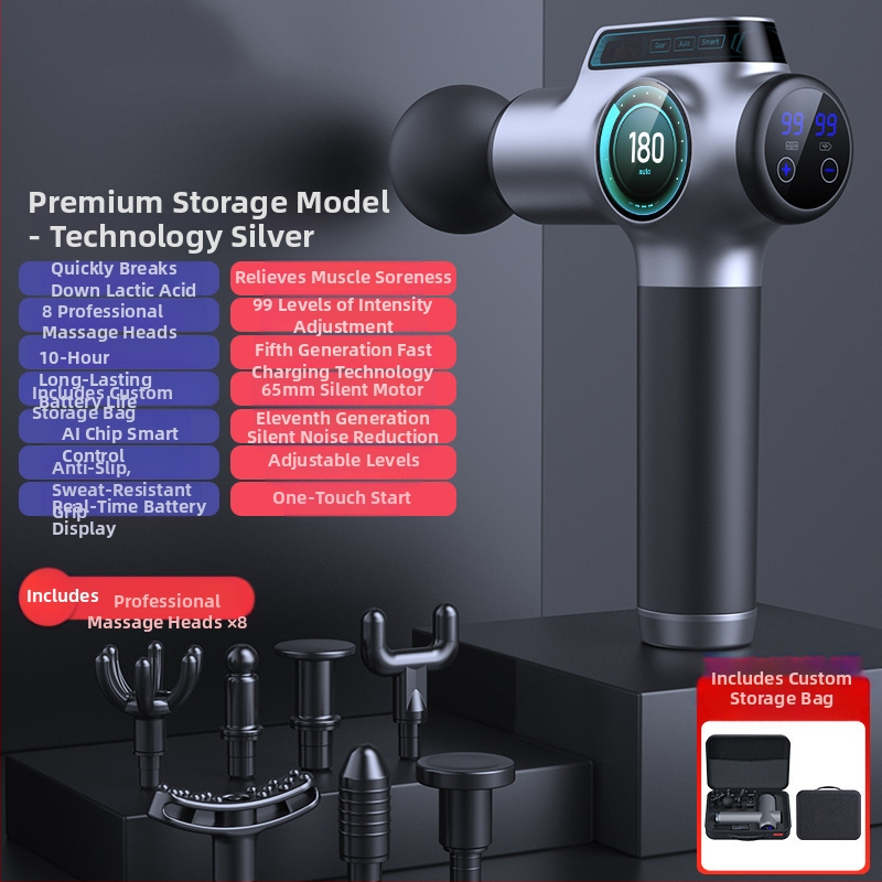 Fasijos masažinis įrenginys su šepetiniu varikliu, 6+ galvų, įmontuota baterija, veikimo laikas 6–8 val., triukšmas 36–45 dB
