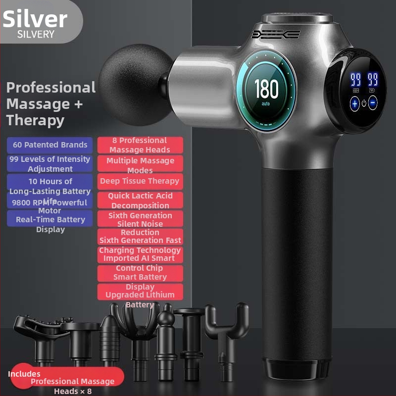 Fasijos masažinis įrenginys su šepetiniu varikliu, 6+ galvų, įmontuota baterija, veikimo laikas 6–8 val., triukšmas 36–45 dB