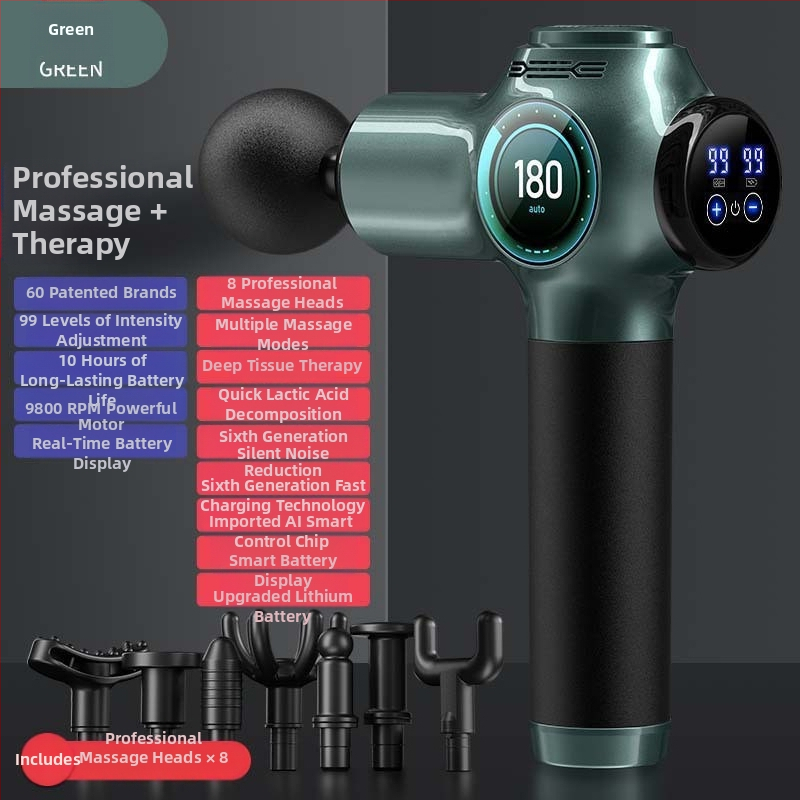 Fasijos masažinis įrenginys su šepetiniu varikliu, 6+ galvų, įmontuota baterija, veikimo laikas 6–8 val., triukšmas 36–45 dB