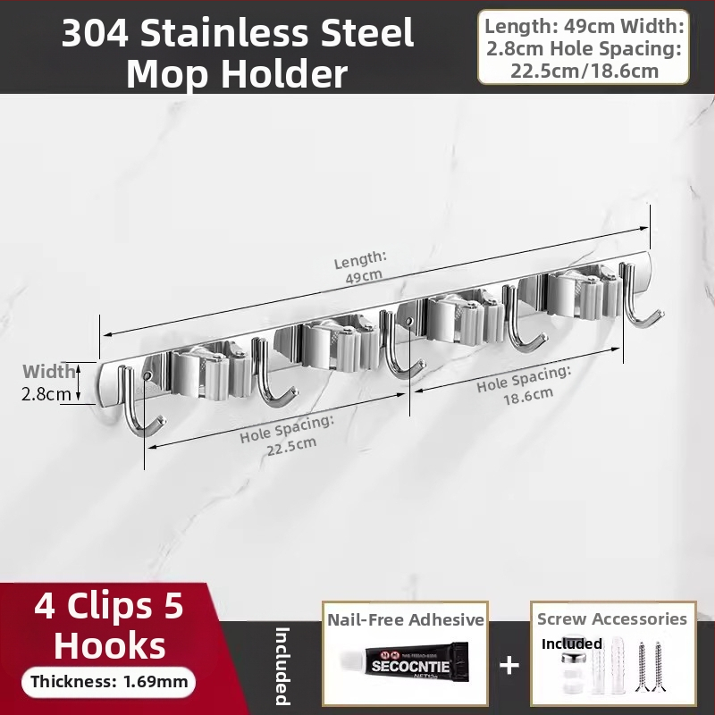 304 неръждаема стомана – държач за моп и мултифункционална закачалка за метла, баня, CE сертифициран полирана повърхност, Yong Qi, 0.5 кг, Сертификат CCI20070040CER