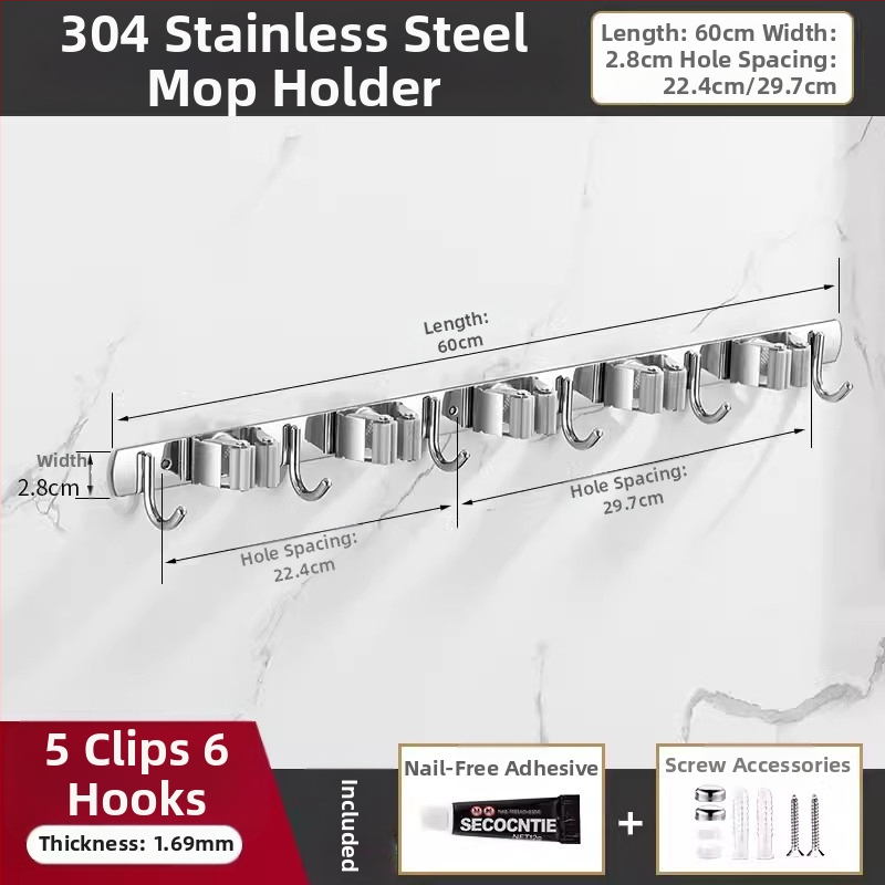 304 неръждаема стомана – държач за моп и мултифункционална закачалка за метла, баня, CE сертифициран полирана повърхност, Yong Qi, 0.5 кг, Сертификат CCI20070040CER