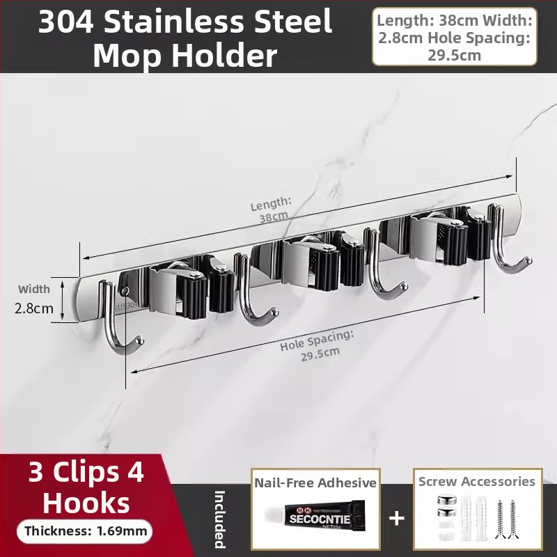 304 неръждаема стомана – държач за моп и мултифункционална закачалка за метла, баня, CE сертифициран полирана повърхност, Yong Qi, 0.5 кг, Сертификат CCI20070040CER