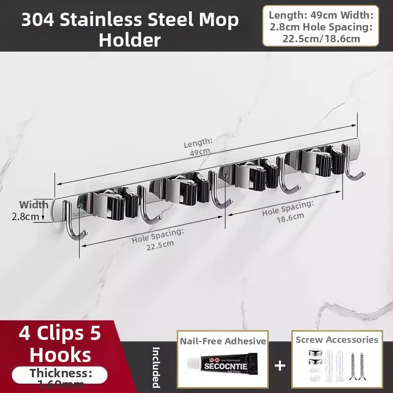 304 неръждаема стомана – държач за моп и мултифункционална закачалка за метла, баня, CE сертифициран полирана повърхност, Yong Qi, 0.5 кг, Сертификат CCI20070040CER
