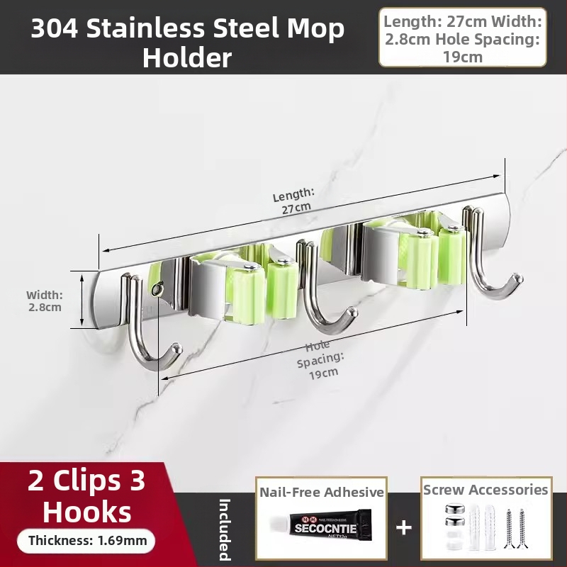 304 неръждаема стомана – държач за моп и мултифункционална закачалка за метла, баня, CE сертифициран полирана повърхност, Yong Qi, 0.5 кг, Сертификат CCI20070040CER