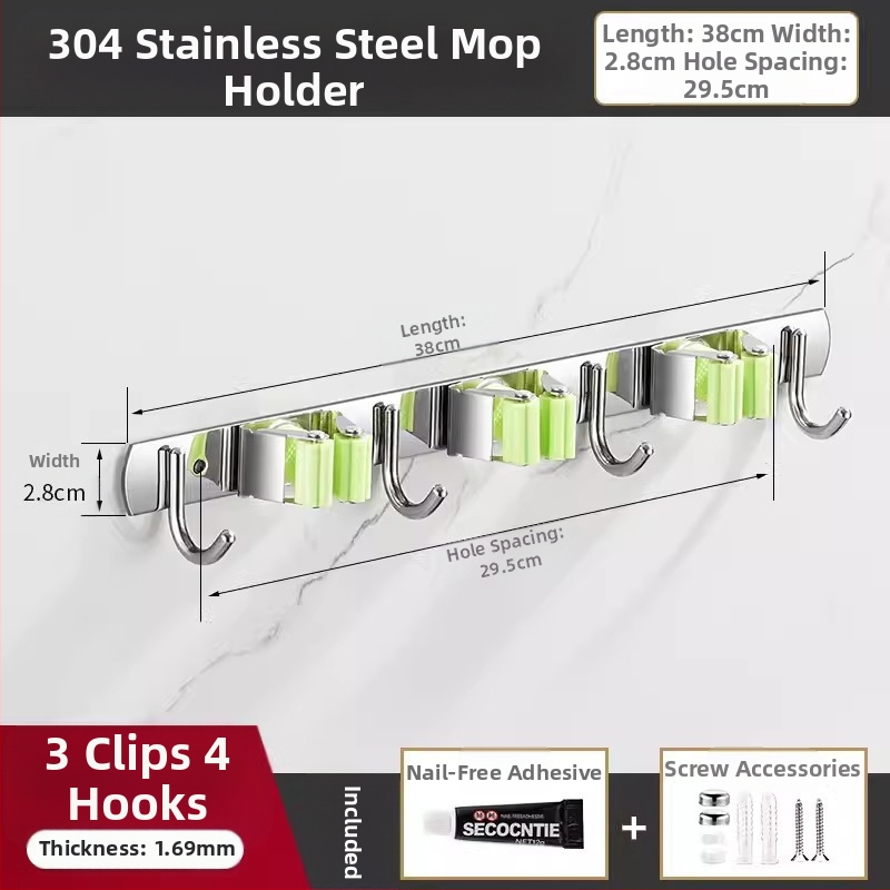 304 неръждаема стомана – държач за моп и мултифункционална закачалка за метла, баня, CE сертифициран полирана повърхност, Yong Qi, 0.5 кг, Сертификат CCI20070040CER