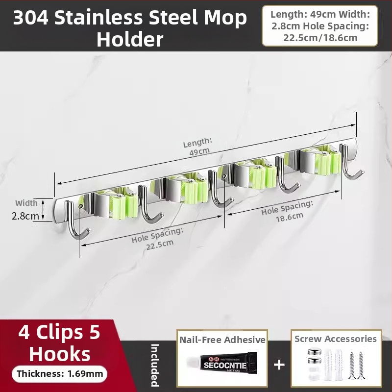 304 неръждаема стомана – държач за моп и мултифункционална закачалка за метла, баня, CE сертифициран полирана повърхност, Yong Qi, 0.5 кг, Сертификат CCI20070040CER