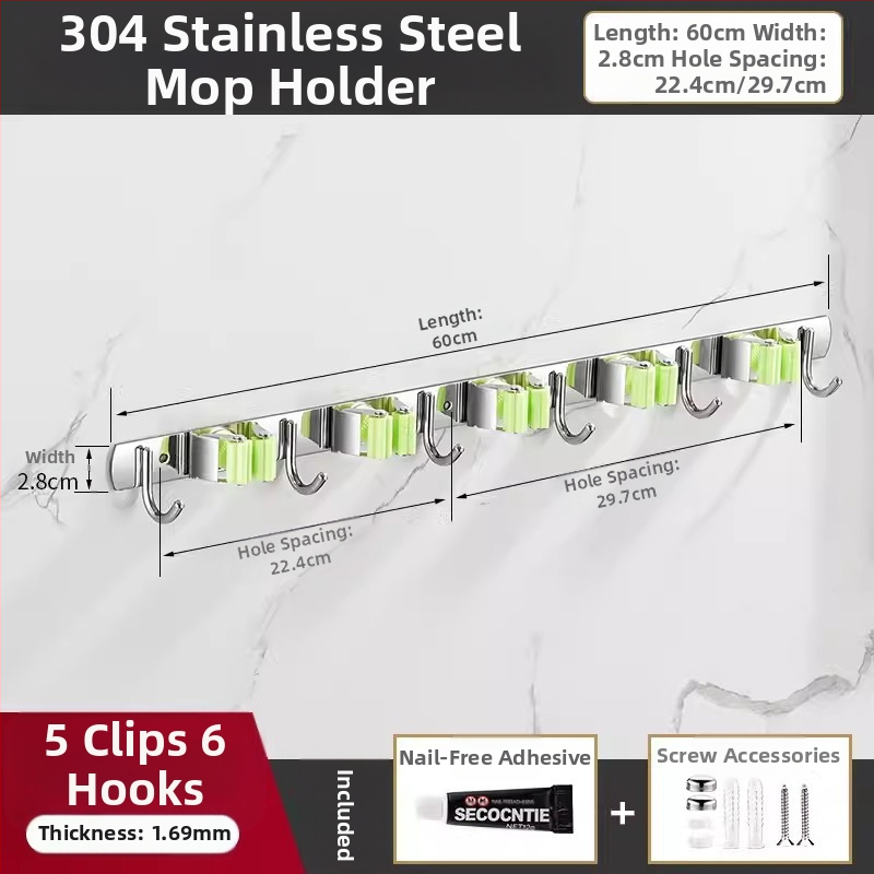 304 неръждаема стомана – държач за моп и мултифункционална закачалка за метла, баня, CE сертифициран полирана повърхност, Yong Qi, 0.5 кг, Сертификат CCI20070040CER