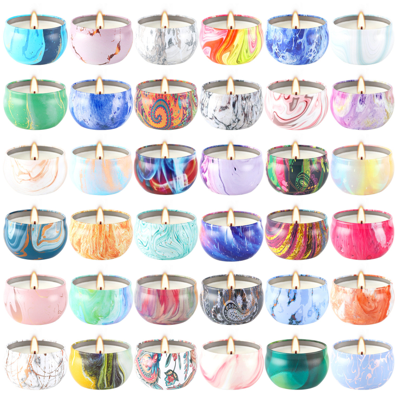 Aromaterapinių žvakių rinkinys, 24 vnt metalinėje skardinėje, sojų vašas, cilindrinė forma, su logotipo spauda (liejimas)