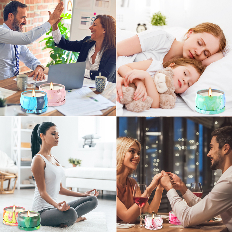 Aromaterapinių žvakių rinkinys, 24 vnt metalinėje skardinėje, sojų vašas, cilindrinė forma, su logotipo spauda (liejimas)