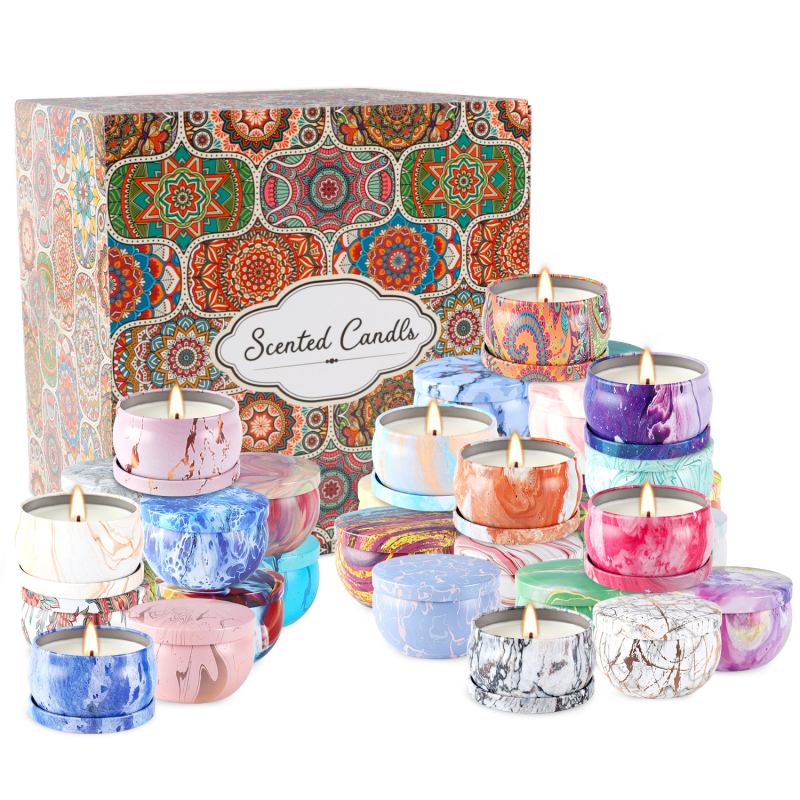 Aromaterapinių žvakių rinkinys, 24 vnt metalinėje skardinėje, sojų vašas, cilindrinė forma, su logotipo spauda (liejimas)