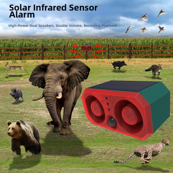 Sistem de Alarmă Solar cu Difuzoare Dual Puternice, Senzor IR și Iluminare Intermitentă pentru Descurajarea Animalelor (Model N911T, alimentare solară, alarmă locală, suportă mai multe dispozitive wireless, temperatură 0-50°C)
