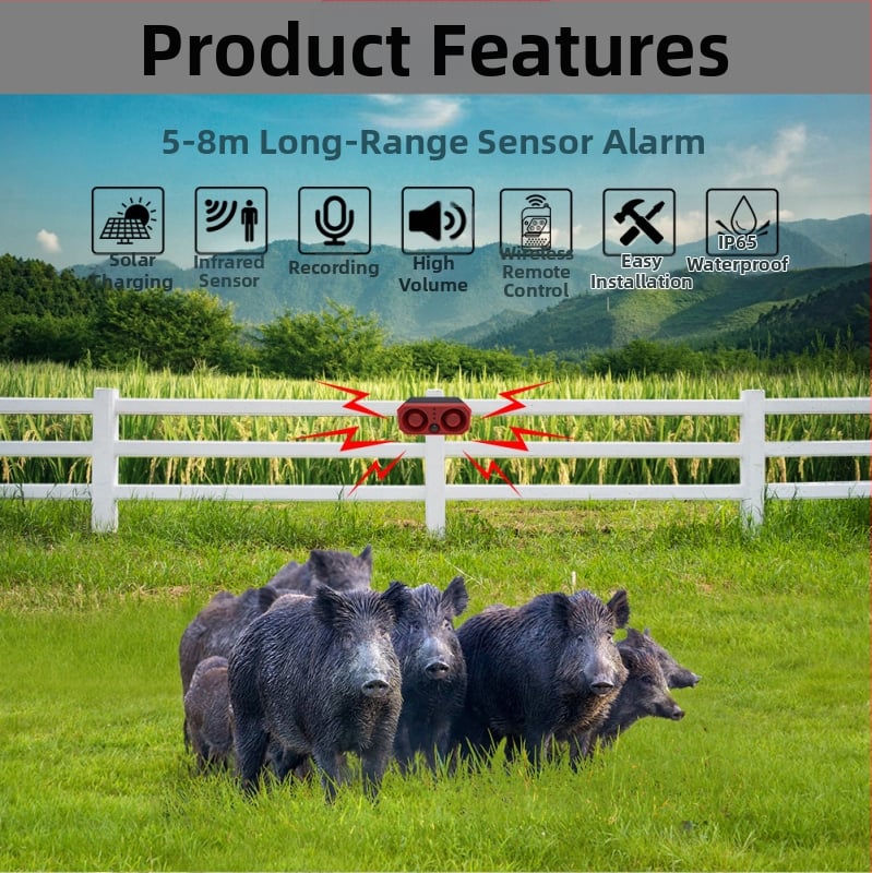 Слънчево захранван алармен модул с двойен високоговорител, инфрачервен сензор за движение и миглива светлина за отблъскване на животни (модел N911T, локална аларма, поддържа множество безжични устройства, температура 0-50°C)